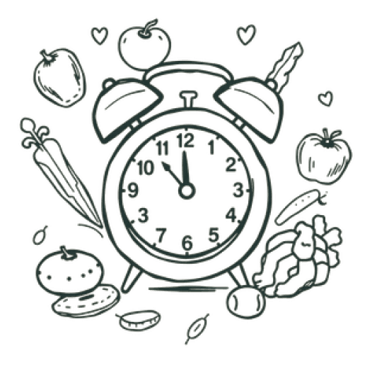 Alarm clock surrounded by fresh produce