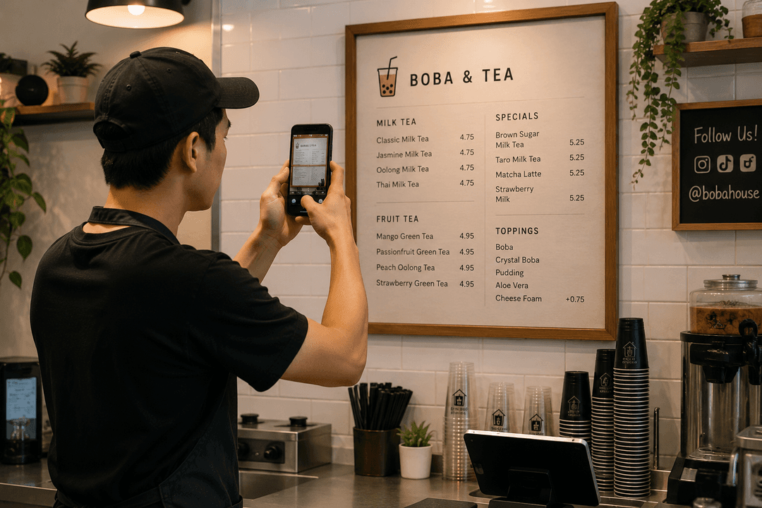Merchant photographing a menu for AI import