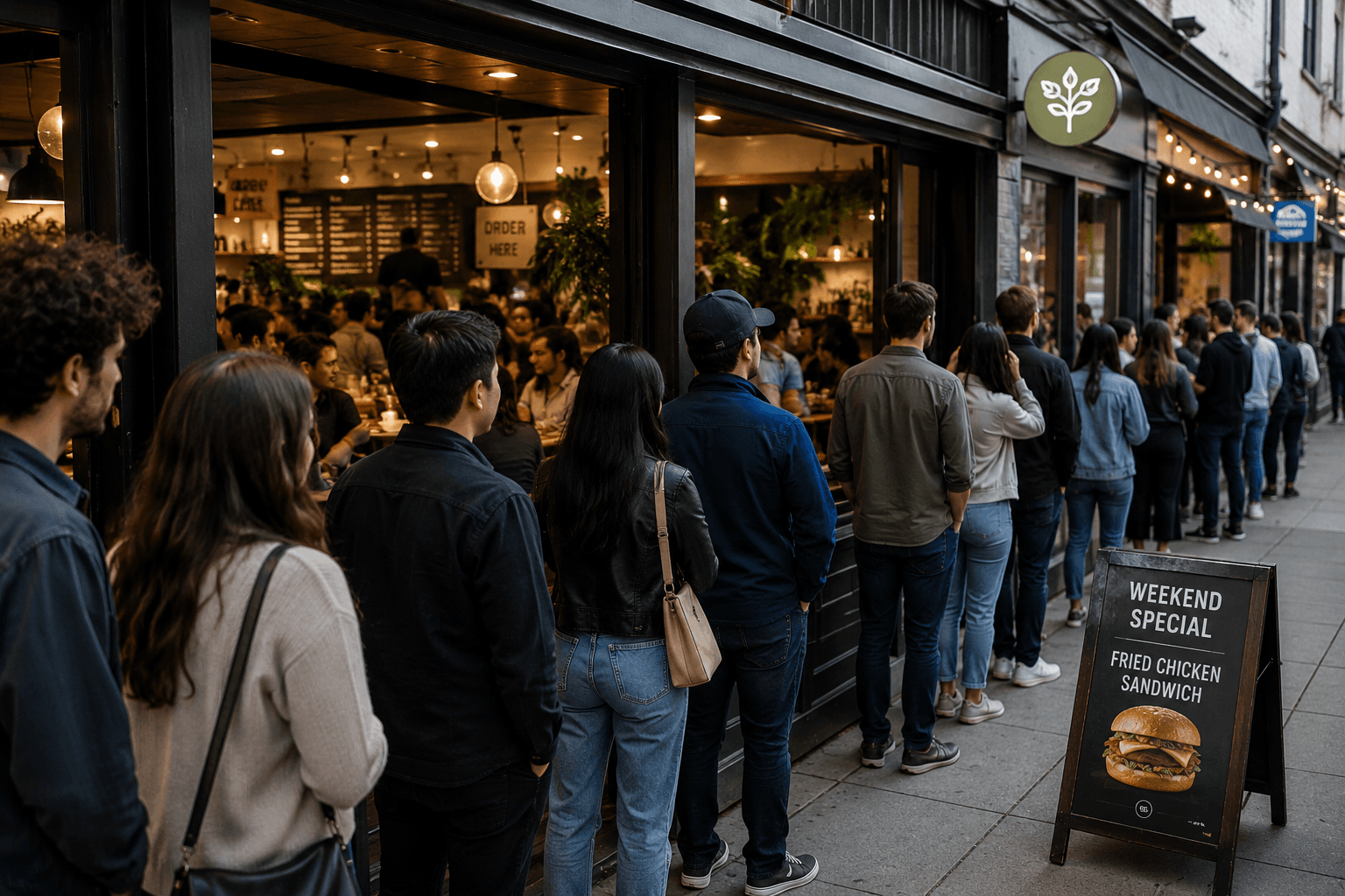 Customers lined up outside a popular restaurant